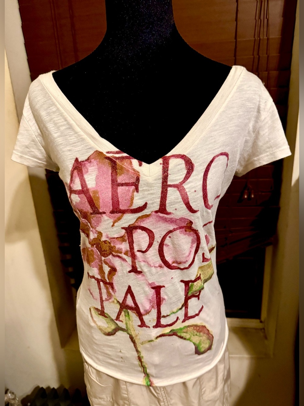 Aeropostale  V-Neck Tee with A Glitter Pink Floral Logo